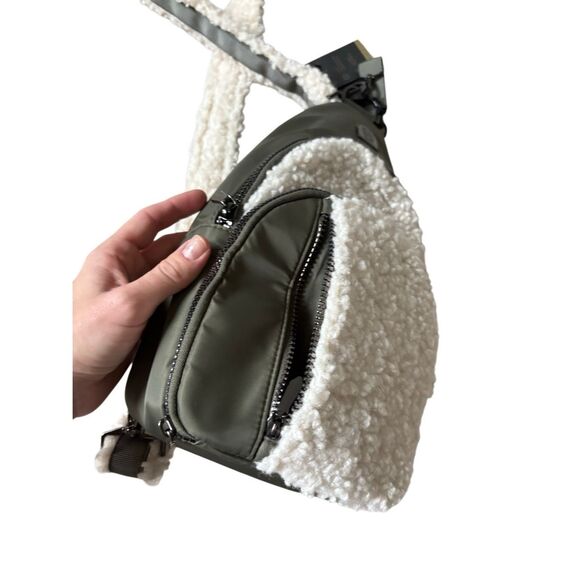 NEW House Of Harlow Sling Backpack Sherpa Nylon Olive Green Cream - Picture 12 of 15